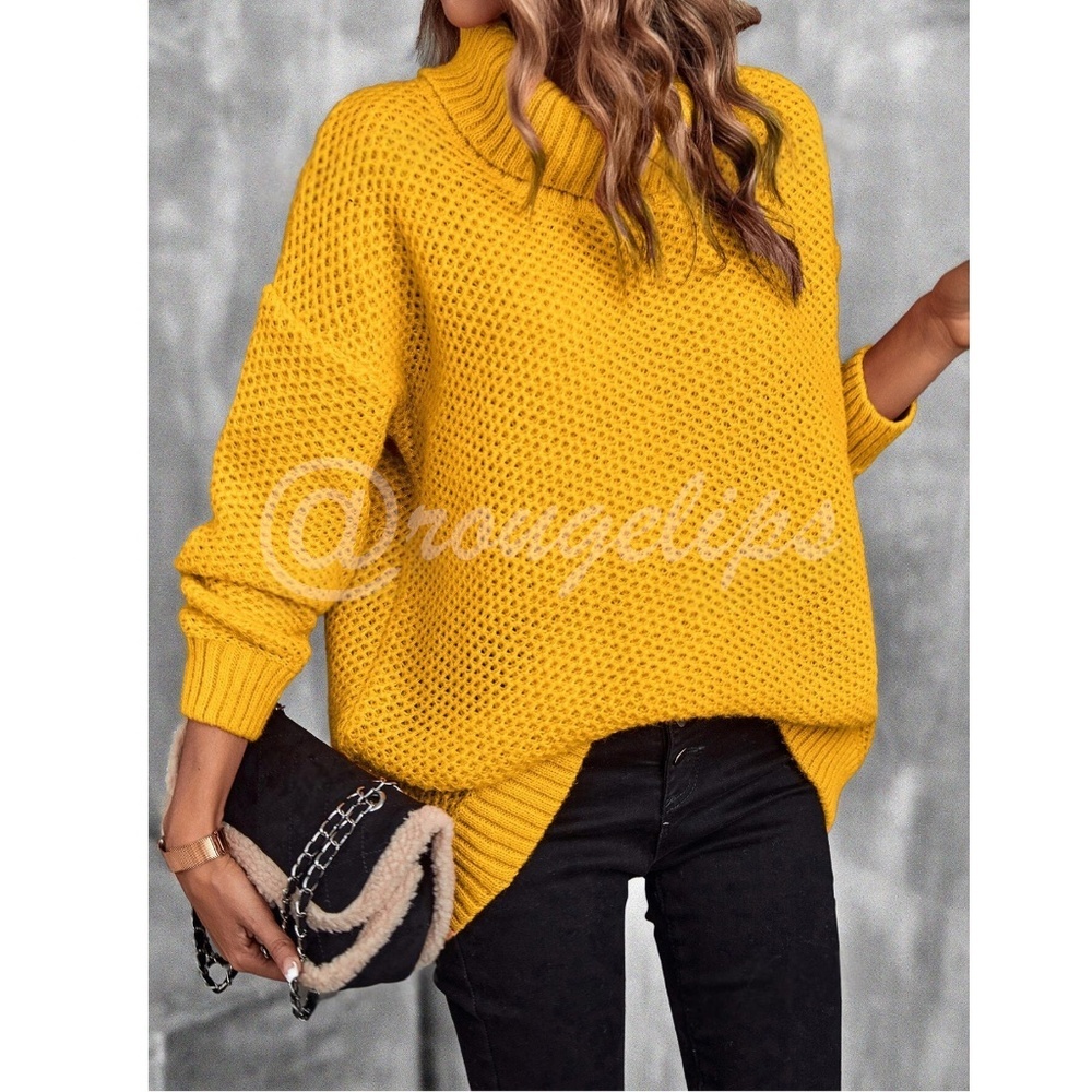 Mustard Yellow Knit Turtleneck Pullover Sweater Long Sleeve Loose Fit Oversized